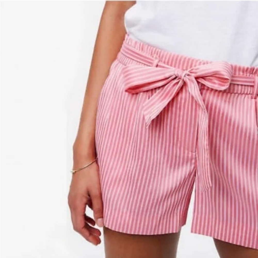 LOFT Pink and white striped High Waist Shorts with self belt.